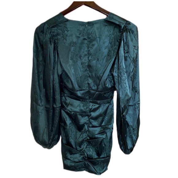 NWT SHOWPO RICHMOND JACQUARD FLORAL BALLOON SLEEVE RUCHED MINI DRESS GREEN 6 - Picture 6 of 9